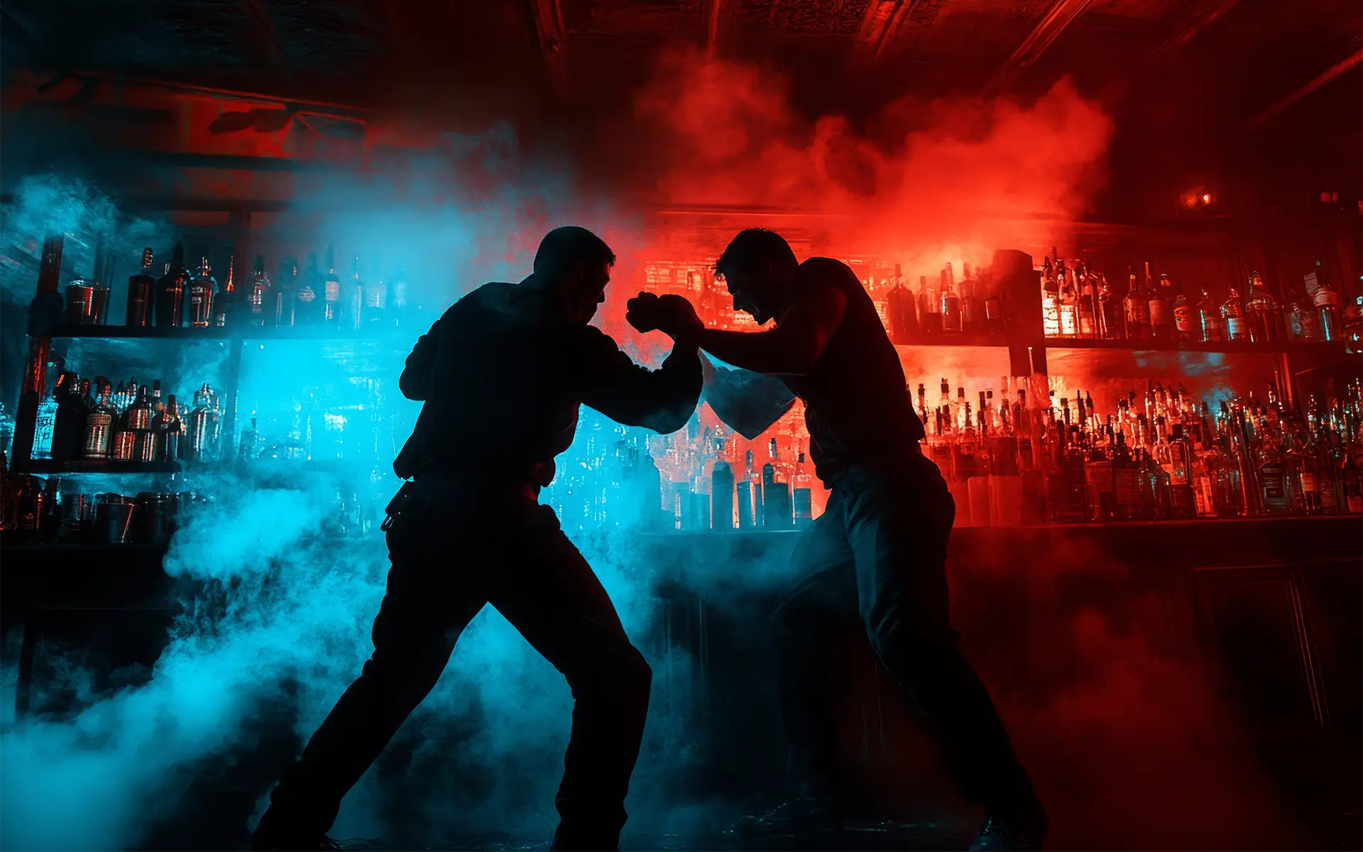 Silhouettes of two men engaging in disorderly conduct by fighting in a smoky bar illuminated by blue and red lights