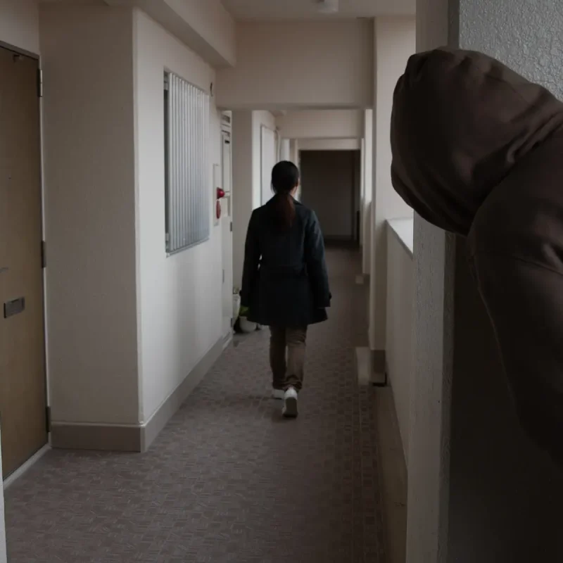 The back view of a woman walking down a hallway with a stalker in a hoodie peering around the corner at her